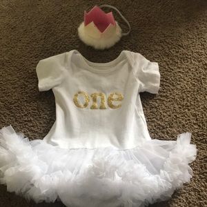 “One” onesie and crown headband